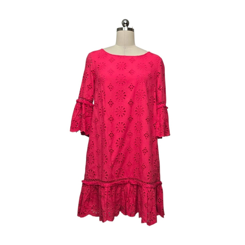 Anthropologie Pink Cotton Eyelet Shift Dress Bell Sleeve Womens Size 4 NWT